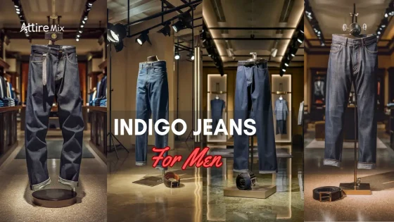 Indigo jeans for men displayed in various styles with belts in showrooms
