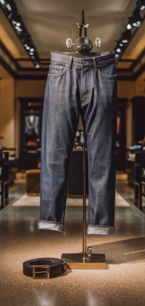 Classic indigo jeans with a belt displayed in a contemporary fashion space