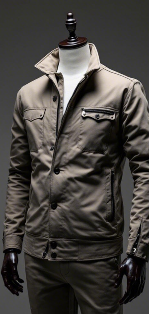 Charcoal gray fall jacket with zip pockets and ribbed cuffs