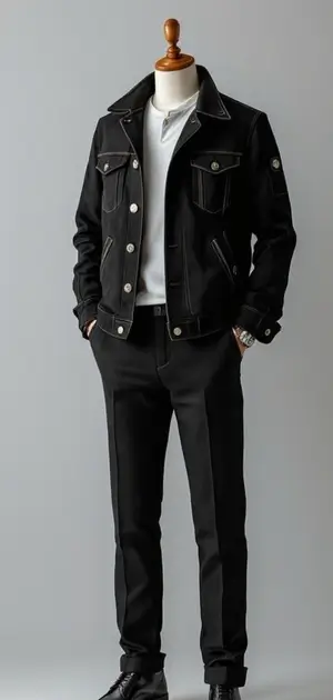 Black denim jacket with white stitching and buttoned front