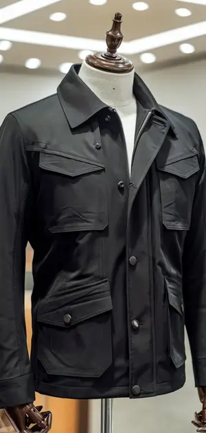 Black utility-style jacket with multiple pockets