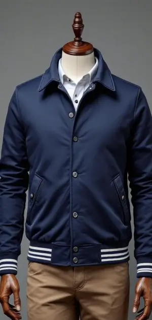 Navy blue varsity jacket with striped cuffs