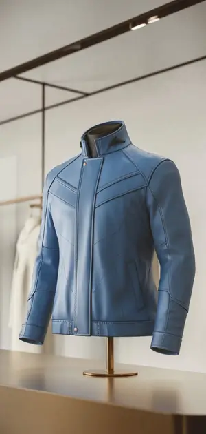 Modern blue leather jacket displayed on a mannequin