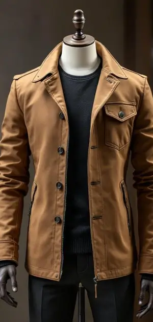 Tan casual jacket with black shirt underneath