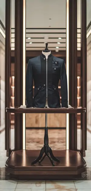 Modern navy jacket with zipper details on display
