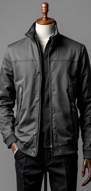 Black fall jacket with flap chest pockets and zip closure