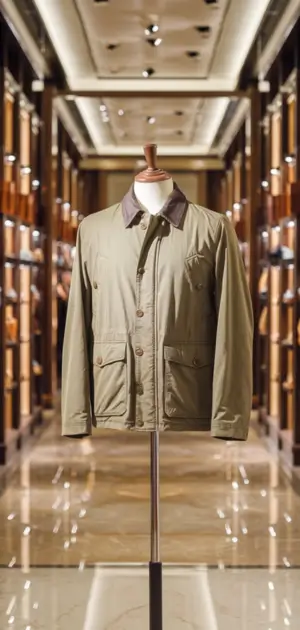 Green fall jacket displayed on a stand
