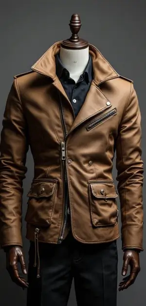 Brown leather party jacket with flap pockets and asymmetrical zip