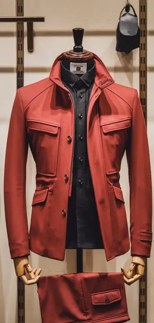 Red casual jacket with large pockets on display