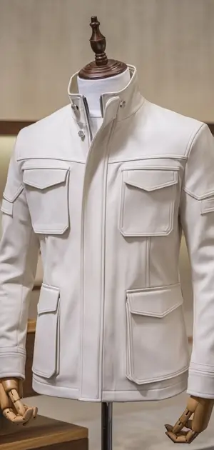 White tailored jacket for men with blue pocket detail.