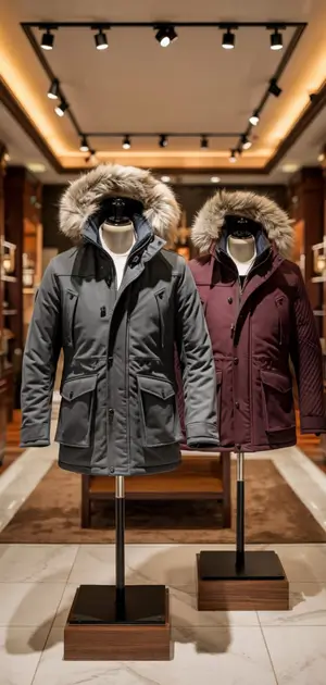 Grey and maroon men’s winter jackets with fur-lined hoods in store