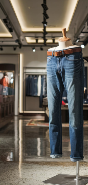 Skinny jeans displayed with light fading and brown belt in a modern retail setting.