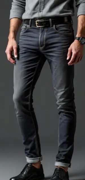 Dark washed slim-fit jeans paired with black accessories