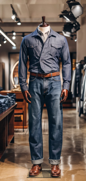 Relaxed-fit athletic jeans displayed on a mannequin.