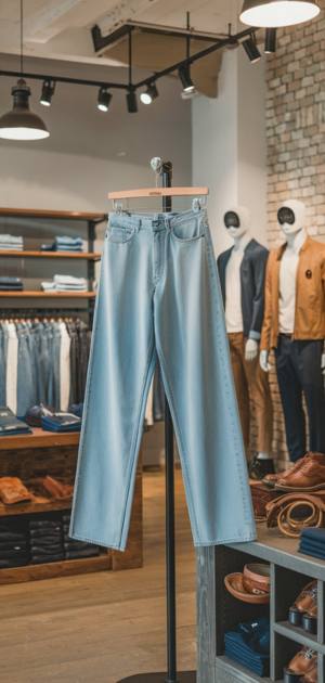 Light-wash classic men’s jeans hanging in a boutique store