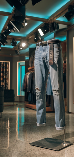 Distressed blue jeans with ribbed detailing and brown shoes on a display stand