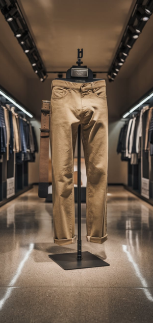 Light khaki jeans with a rolled hem and a brown belt in a minimalist showroom