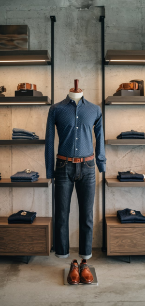 Dark-wash jeans styled with a blazer and shoes for a semi-formal party outfit