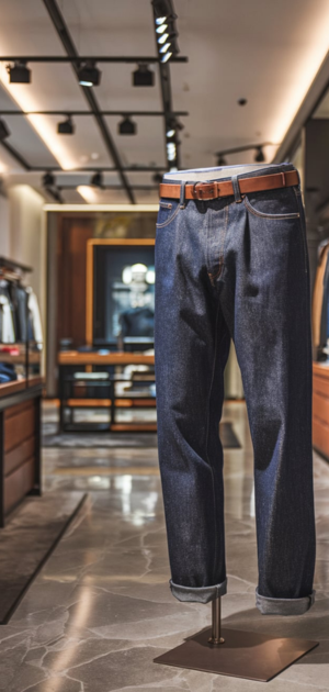 Dark indigo raw jeans displayed in a premium showroom