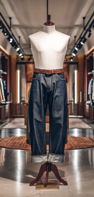 Mannequin showcasing selvedge jeans with cuffed hems in a well-lit retail space.