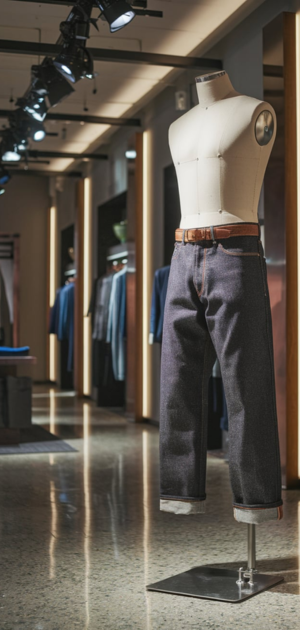 Mannequin wearing selvedge jeans with a simple belt in a modern retail setting.