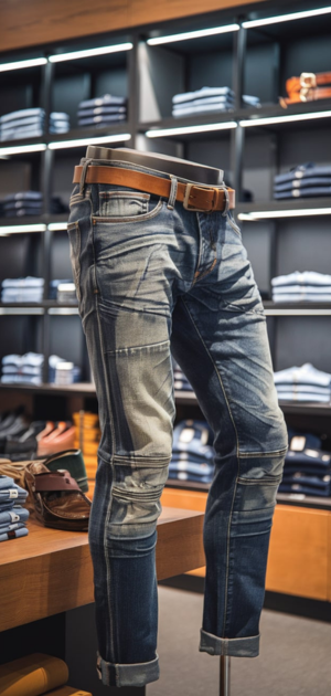 Distressed slim jeans with stitch detailing on display in a men’s boutique