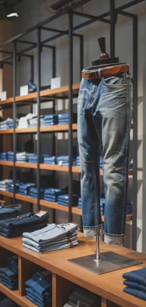 Light-washed slim jeans with rolled cuffs on a mannequin in a retail store
