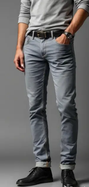 Man in light grey slim-fit jeans with a black belt and black shoes