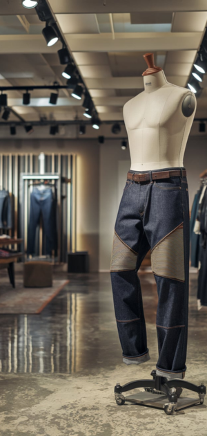 Unique slub jeans with detailed paneling displayed on a mannequin.