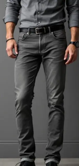 Man in grey slim-fit jeans, black belt, and casual accessories