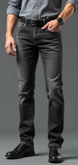 Man wearing dark grey slim-fit jeans with a black belt and black shoes.