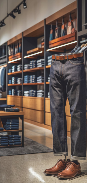 Straight-leg jeans displayed on a mannequin in a modern retail space