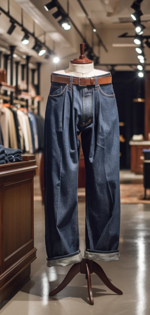 Wide-fit vintage jeans on a mannequin in a modern showroom
