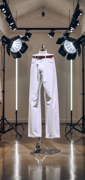 White denim jeans paired with a black belt, showcased in a well-lit showroom