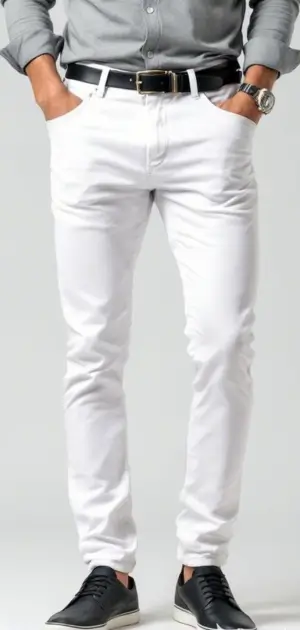 Man in slim-fit white jeans with casual black sneakers