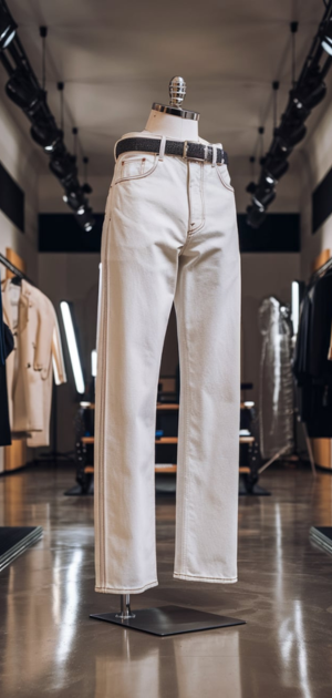 White jeans with wide legs styled with a belt in a modern fashion space