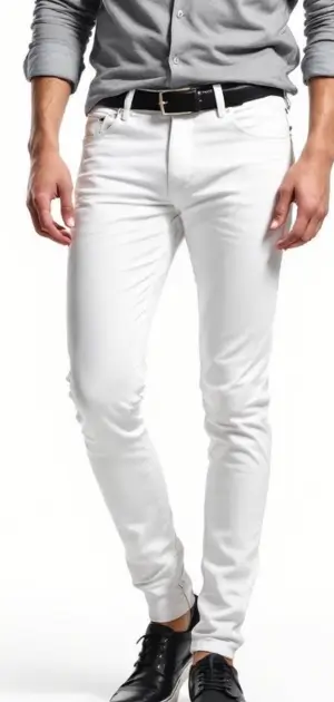 Man wearing slim-fit white jeans with a black belt and black shoes