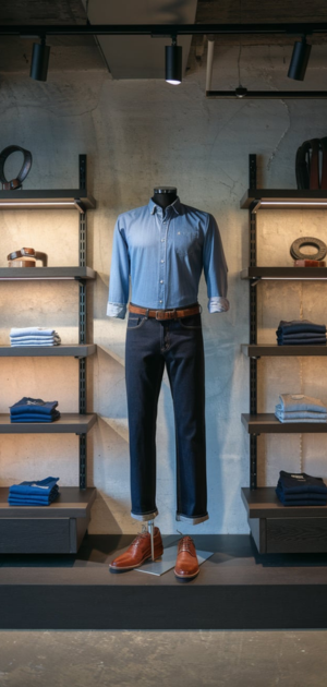 Dark-wash party jeans paired with a light shirt and polished shoes in a retail store.