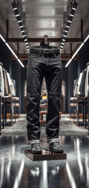 Black rugged jeans styled with boots and belt in a contemporary showroom