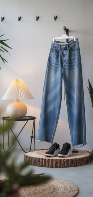 Relaxed-fit blue jeans displayed on a wooden stand with a lamp and decor