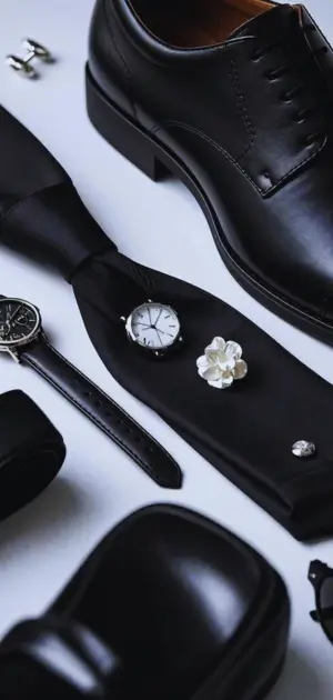 Men’s accessories for black suit like cufflinks and bow tie