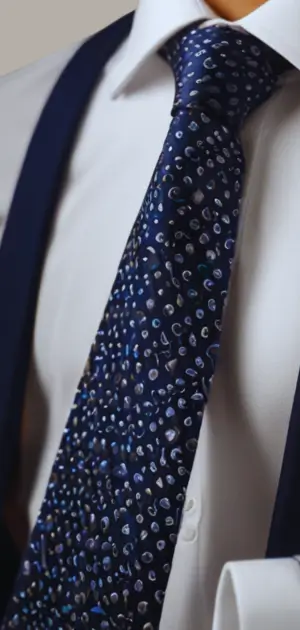 Man wearing a navy blue silk tie and matching pocket square.