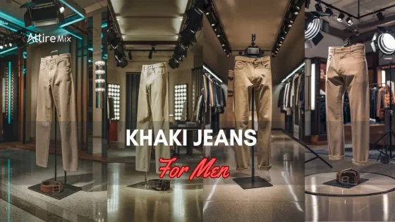 Khaki jeans for men displayed in different styles with belts in modern showrooms