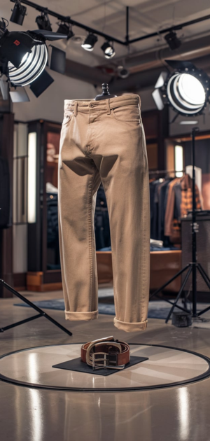 Tailored khaki jeans with a rolled hem in a contemporary fashion space