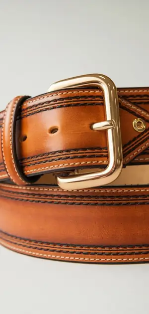 Brown leather belt with braided details and a polished gold buckle