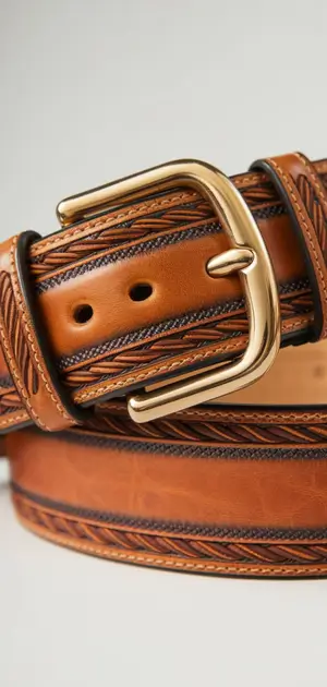 Brown leather belt with decorative stitching and a polished gold buckle.