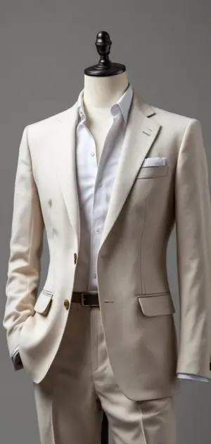 A cream-colored linen blazer with matching trousers and a white shirt on a mannequin