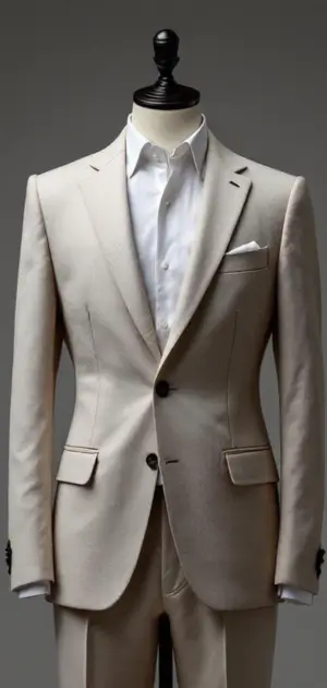 A beige linen blazer with matching trousers, white shirt, and a pocket square on a mannequin