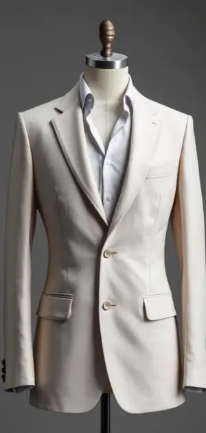 A beige linen blazer with a light grey shirt on a mannequin