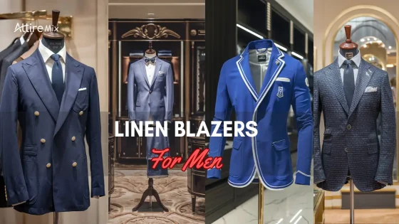 Collection of men's linen blazers in various styles and colors